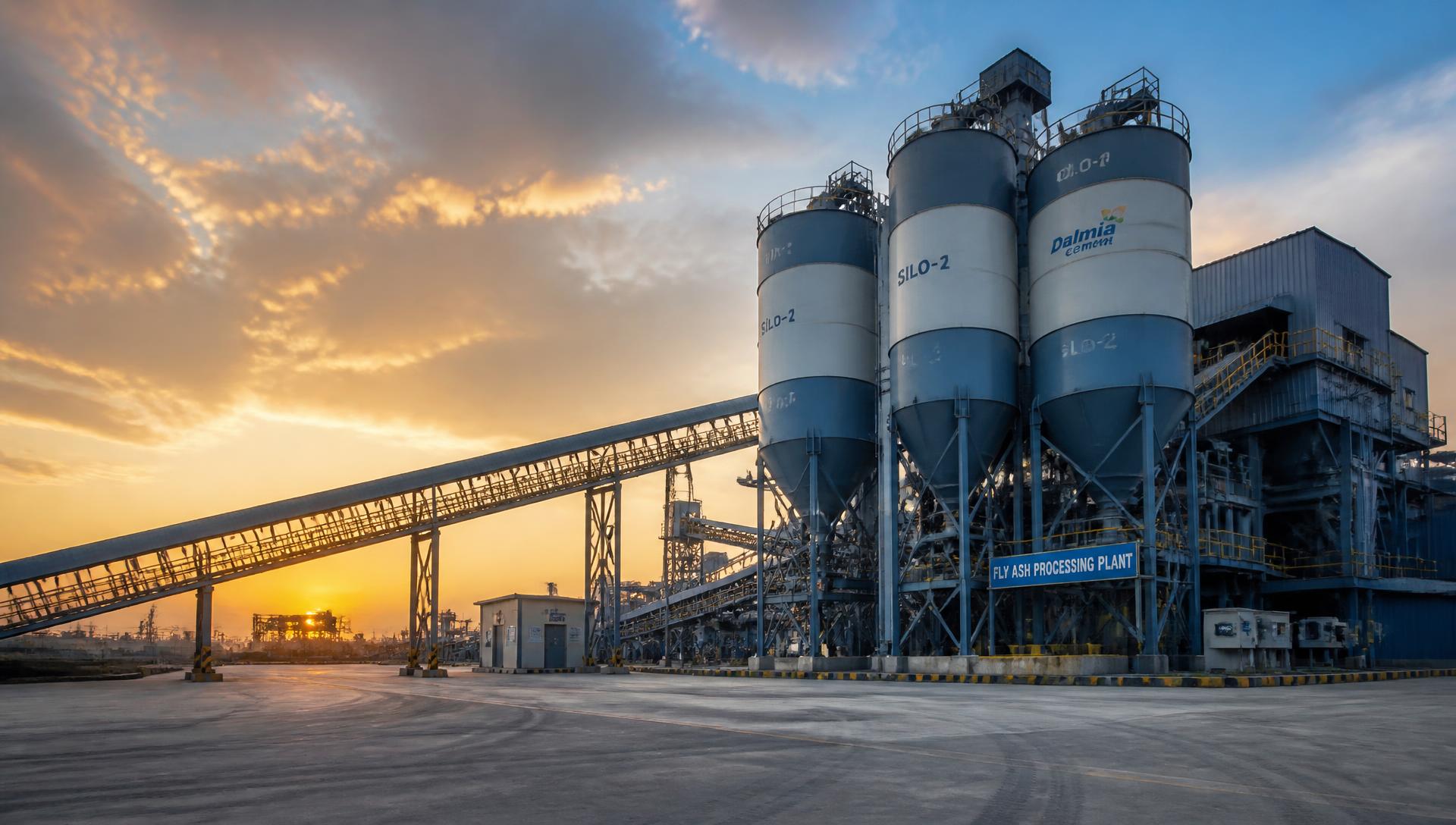 Fly ash processing plant with storage silos at sunrise